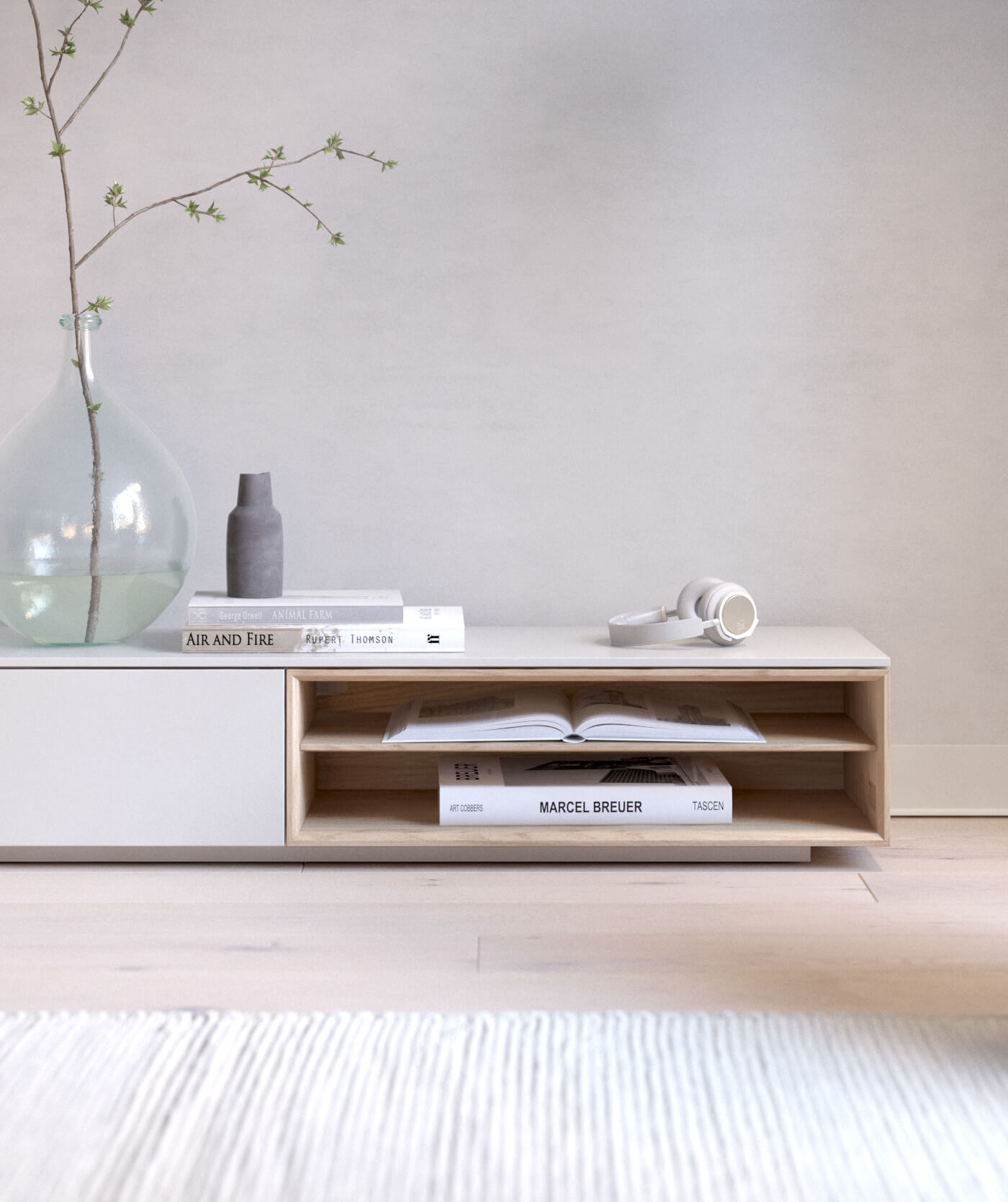 Een minimalistisch tv meubel in een neutrale grijze kleur